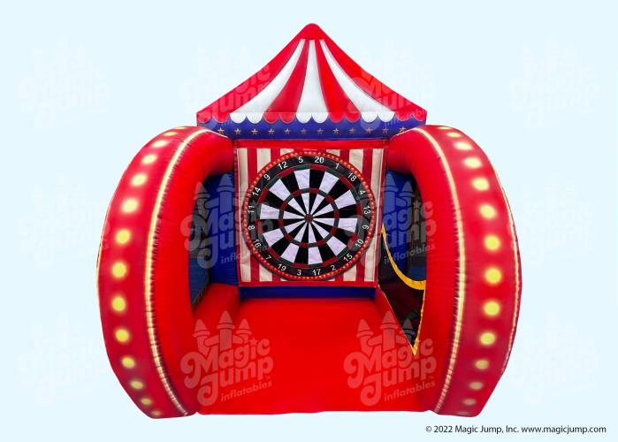 Inflatable dartboard carnival game booth with red-and-white peaked tent roof