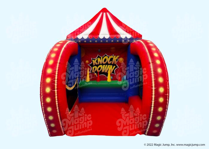 Inflatable knock-down carnival game with cone targets on a shelf