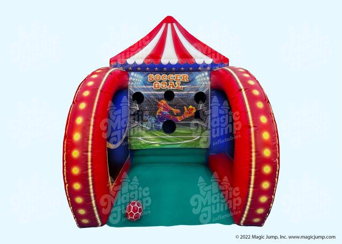 Inflatable soccer-goal carnival game with scoring holes